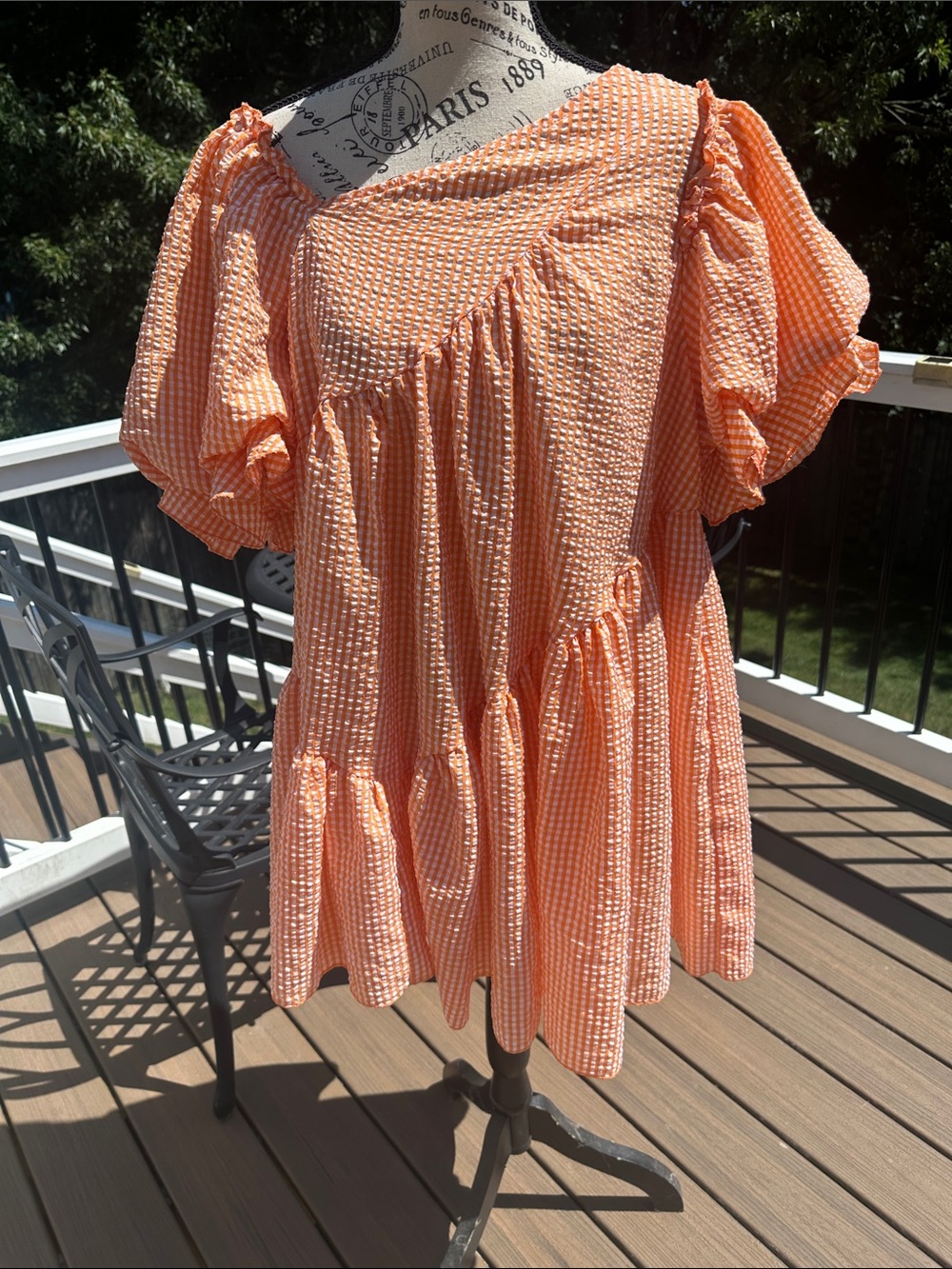 Orange Gingham One-Shoulder Babydoll Tiered Dress